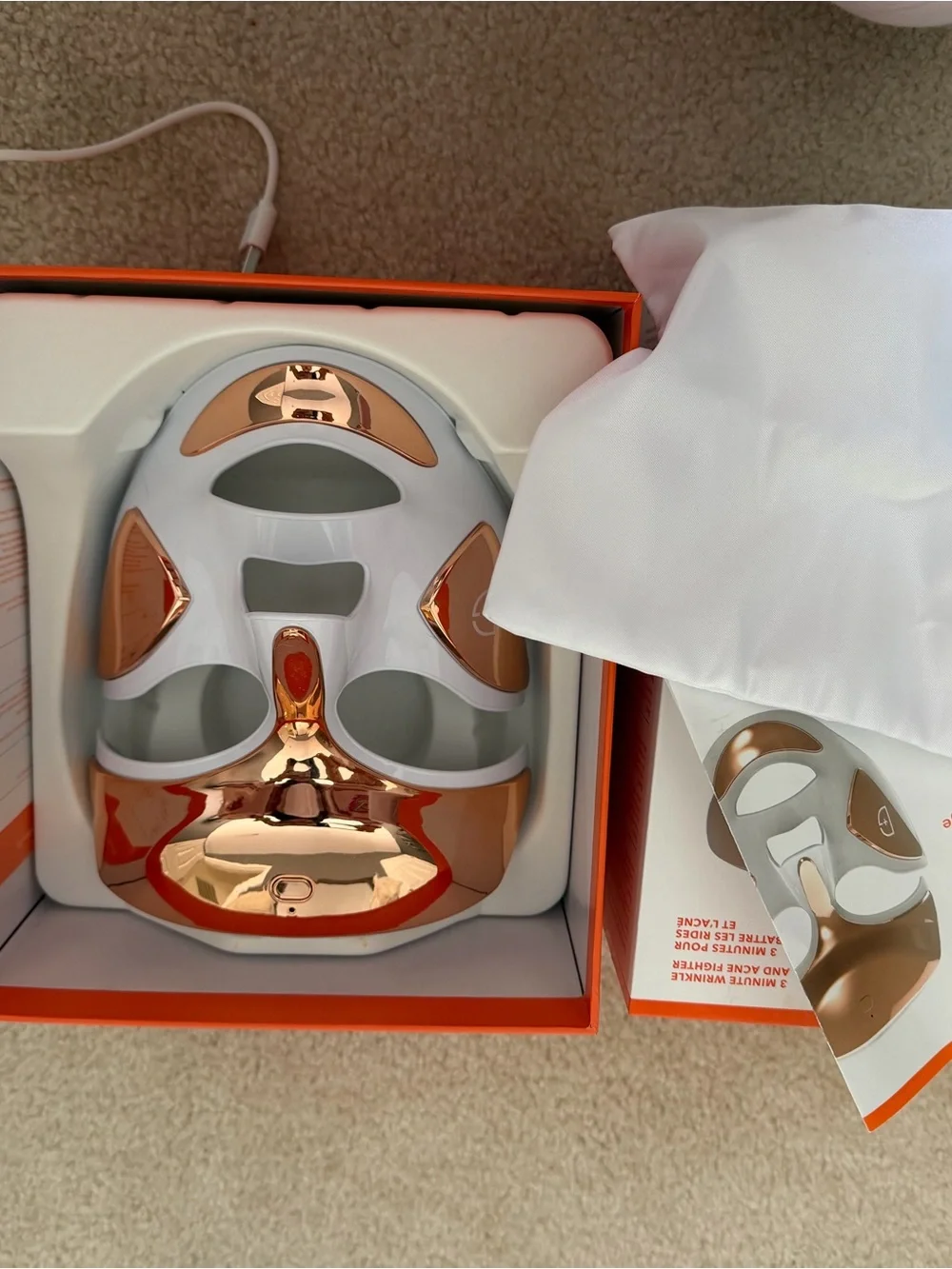 LED Facial Rejuvenation Mask in White with Rose Gold Accents